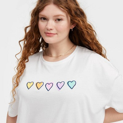 Women's Oversized Disco Hearts Wave Graphic T-Shirt White XS