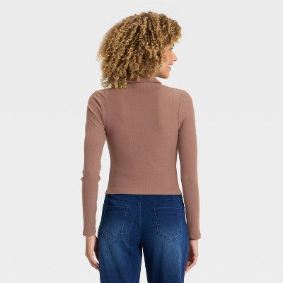 Women's Brushed Ribbed Polo Zip-Up Jacket - A New Day Brown XS