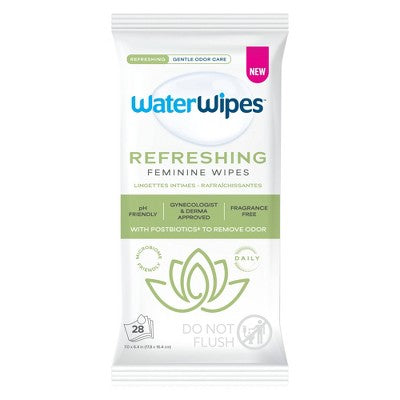 WaterWipes Refreshing Feminine, On-The-Go, pH Friendly for Daily Intimate Care, Odor Removal, Gynecologist Approved, Fragrance Free Wipes - 28ct