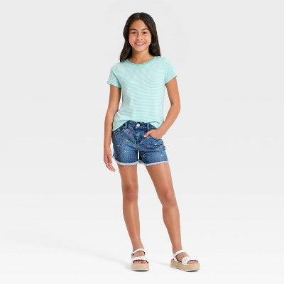Girls' Short Sleeve Striped T-Shirt - Cat & Jack Aqua Green XL Plus