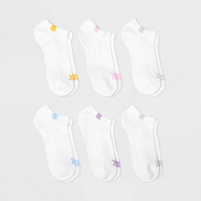 Women's 6pk Structure No Show Socks - All In Motion White 4-10: Midweight Knit, Arch Support, Reinforced Heel & Toe