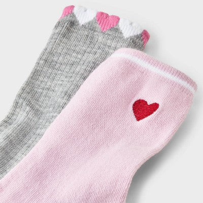 Girls' 2pk Embroidered Heart Crew Socks - art class Pink/Heather Gray M