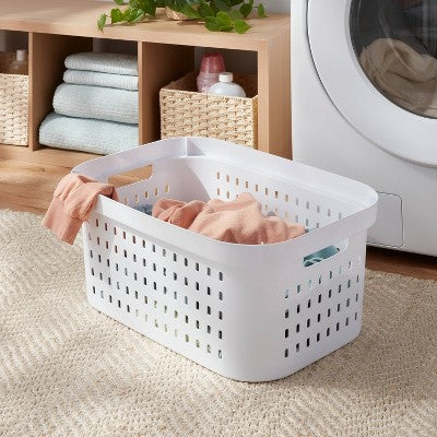 1.5bu Rectangle Modern Laundry Basket - Brightroom: White Plastic Clothes Basket with Built-In Handles, Medium Size (LOCAL PICKUP ONLY)
