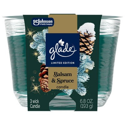Glade 3 Wick Holiday Scented Christmas Candle for Stocking Stuffers - Balsam & Spruce - 6.8oz