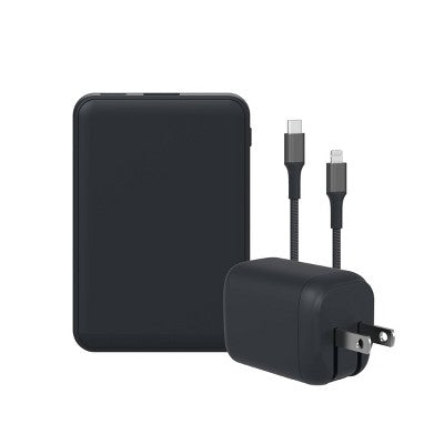 GEMS USB-C to Lightning Charging Gift Set with 5000MmAh Power Bank, Cable, and Wall Charger - Black