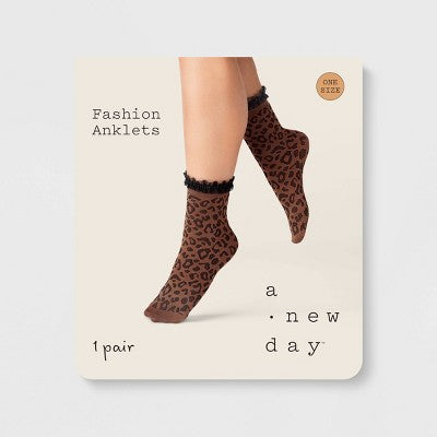Women's Ruffle Trim Knit Leopard Print Anklet Socks - A New Day Brown/Black One Size