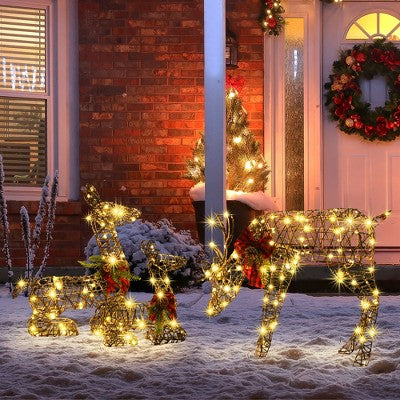 LuxenHome Set of 3 Deer Family Lighted Holiday Decoration Brown