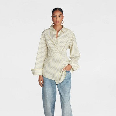 KBB by KAHLANA Women's 'The Wrap Shirt' - Yellow Striped L
