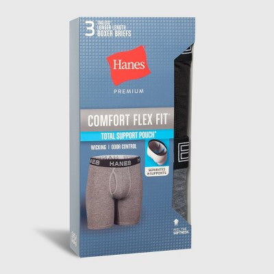 Hanes Premium Men's 3pk Long Leg Boxer Briefs Total Support Pouch - Black/Gray M: Tagless, Moisture Wicking, 4-Way Stretch