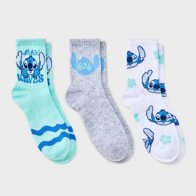 Women's Lilo & Stitch 3pk Mid Crew Socks - Mint/Heather Gray/White 4-10: Polyester, Spandex, Knit, Ribbed, Machine Washable