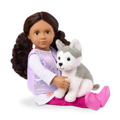 Our Generation Estella and Evi 18" Doll and Pet Puppy Set: Brown Eyes, Wavy Hair, Plastic & Polyester Materials