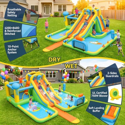 BATHWA 18x15.8Ft 22-in-1 Jellyfish Ocean Inflatable Water Park for Kids Backyard w/Dual Slides|10 Foot PVC Slip Water Slide|2 Bodyboards|750W Blower (LOCAL PICKUP ONLY)