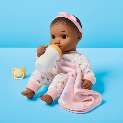 14" Nurturing Baby Doll - Dark Brown Hair + Brown Eyes - Gigglescape: Includes Pacifier, Blanket, Headband, Bottle