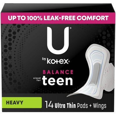 U by Kotex Teen Ultra Thin Pads with Wings Extra Absorbency for Reliable Period Protection, 14 Count