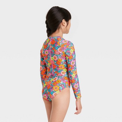Girls' Retro Row Rash Guard One Piece Swimsuit M Plus