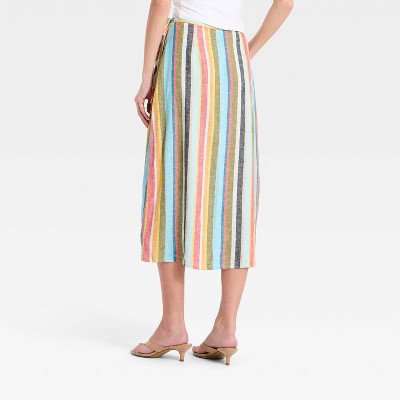 Women's Linen Midi Wrap Skirt - A New Day Cream Striped L