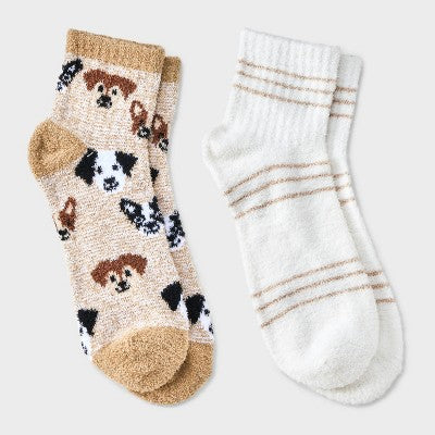 Women's Dogs 2pk Cozy Quarter Crew Socks - Tan/Ivory 4-10: Midweight Velour Ribbed Fabric, Animal Pattern, Machine Washable