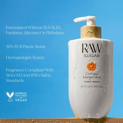Raw Sugar Gentle Hand Wash - Coconut Mango Glow - 12 fl oz: Vegan, Gel, Pump Bottle, Normal to Dry Skin