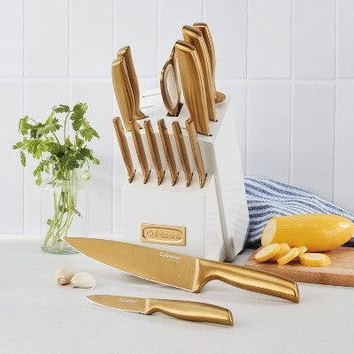 Cuisinart Classic 15pc Gold PVD Stainless Steel Cutlery Block Set White: Forged Knife Set with Comfort-Grip Handle (LOCAL PICKUP ONLY)