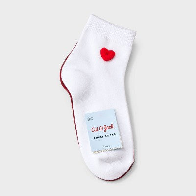 Girls' 2pk 3D Heart Applique Ankle Socks - Cat & Jack Red/White M