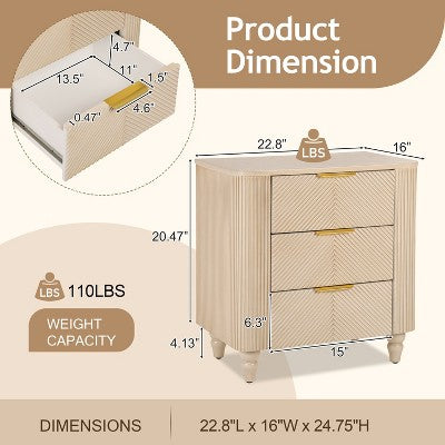 ModernLuxe Fluted 3 Drawers Nightstand Bedside Table End Table, Mid-Century Side Table with Gold Glossy Handles & Gourd Legs, Champagne (LOCAL PICKUP ONLY)