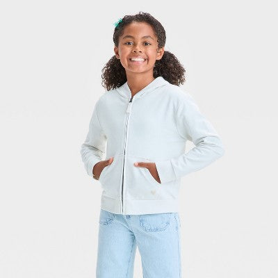 Girls' Hearts French Terry Zip-Up Hoodie - Cat & Jack Cream M