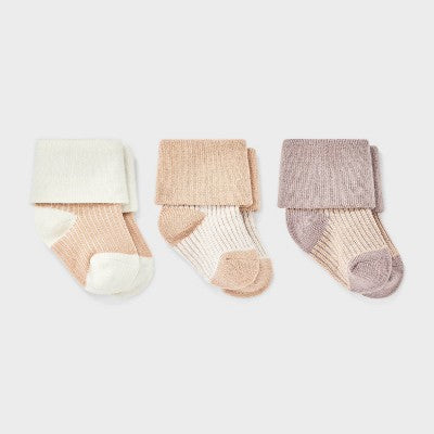 Baby 3pk Striped Ankle Socks - Cloud Island Tan 0-3M
