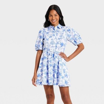 Women's Balloon Short Sleeve Mini Shirt dress Blue/White M