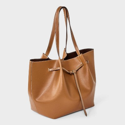 Belted Pinched Handle Tote Handbag - A New Day Brown
