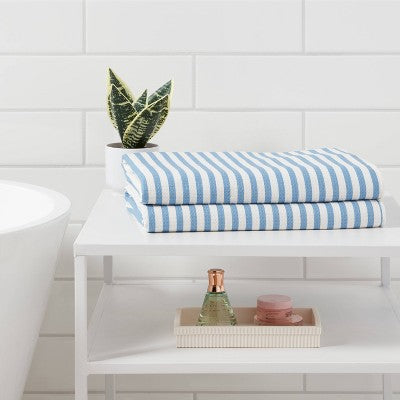 2pc Quick Dry Striped Waffle Oversize Bath Towel Blue - Room Essentials