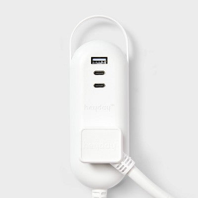 6' One-Outlet Indoor Extension Cord with USB & USB-C Ports White - heyday: Flat Plug, 14 AWG, 15A, 6ft