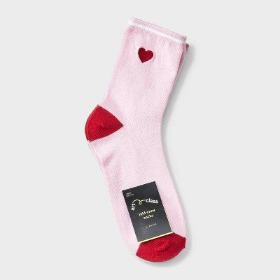 Girls' 2pk Embroidered Heart Crew Socks - art class Pink/Heather Gray M