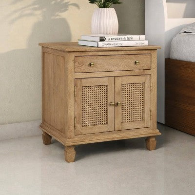 The Urban Port 30" Nightstand Table Rattan Cabinet Doors and Drawer Fronts Sandblasted Brown Mango Wood Brown (LOCAL PICKUP ONLY)