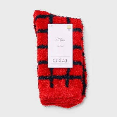 Women's Windowpane Plaid Cozy Crew Socks - Auden Red/Black 4-10
