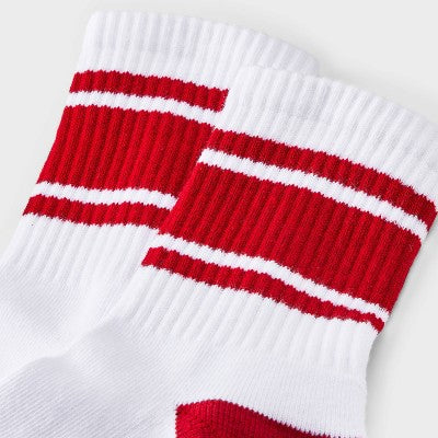 Women's Game Day Varsity Stripe Ribbed Cushioned Mid Crew Socks -Wild Fable White/Crimson 4-10