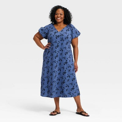 Women's Puff Short Sleeve Midi Sundress - Dark Blue Floral XXL