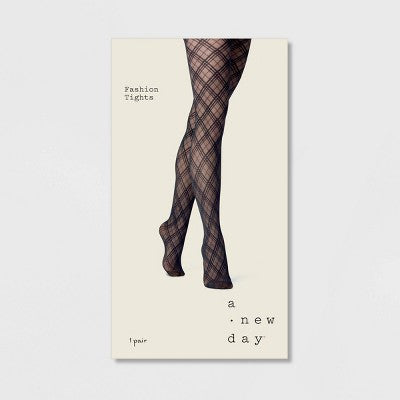 Women's Bias Plaid Tights - A New Day Black L/XL: High Waisted, Sheer, Knit, Tagless