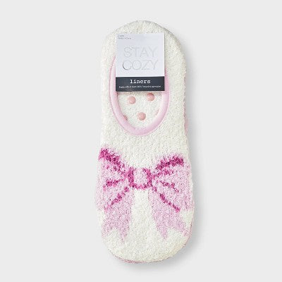 Women's Bow 2pk Cozy Liner Socks - Ivory/Pink 4-10