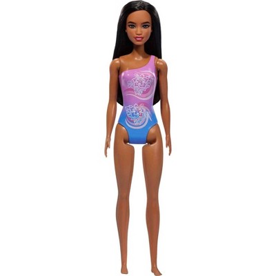 Barbie 12.7" Beach Doll Brown Hair/Brown Eyes Wearing Tropical Purple Swimsuit