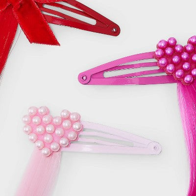 Girls' 6pk Valentine's Faux Hair Extension Hearts and Bows Hair Clips - Cat & Jack
