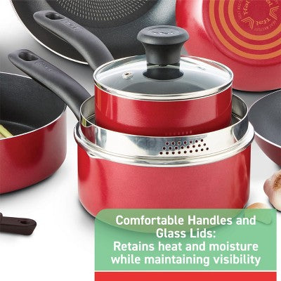 T-Fal 12pc Simply Cook Nonstick Cookware Set Red: Aluminum, Ergonomic Handles, Tempered Glass Lids, Oven-Safe to 350F (LOCAL PICKUP ONLY)