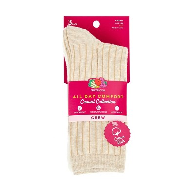 Women's Fruit of the Loom Cotton Comfort 3pk Crew Socks - Neutral 4-10: Recycled Cotton, Midweight, Solid Pattern