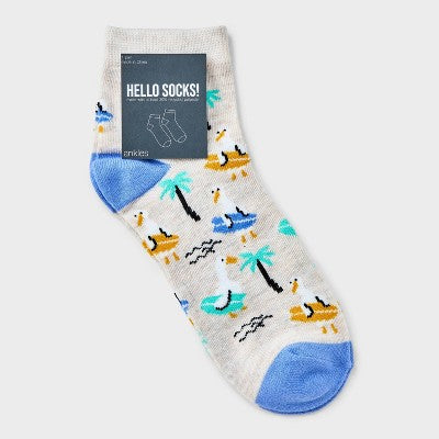 Women's Surfing Geese Ankle Socks - Oatmeal Heather/Blue 4-10: Lightweight Ribbed Fabric, Banded Cuff