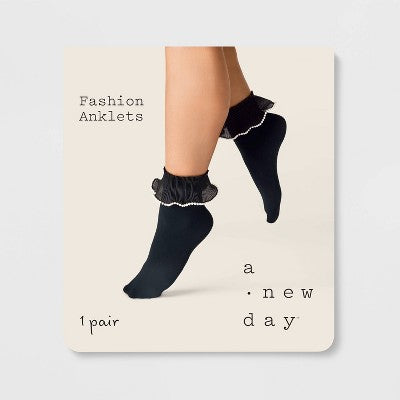 Women's Pearl Trim Ruffle Opaque Anklet Socks - A New Day Black/White One Size