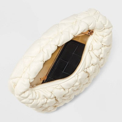 Bubble Quilted Clutch Handbag - A New Day Cream: Zip Closure, Single Handle, 11"x7"x3.5"