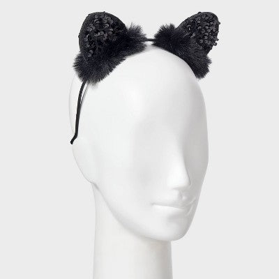 Halloween Faux Fur & Sequin Cat Ear Topper Headband - Black