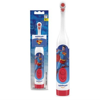 Spinbrush Kids' Superman Electric Toothbrush: Round Head, Soft Nylon Bristles, Battery-Powered, 9.64-Inch Height