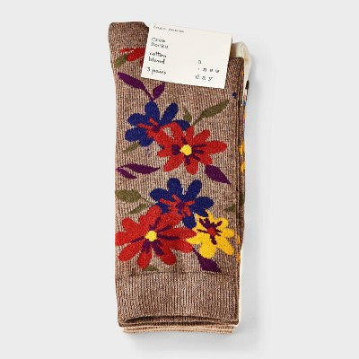 Women's Floral & Striped 3pk Crew Socks - A New Day Dark Brown Heather/Ivory 4-10