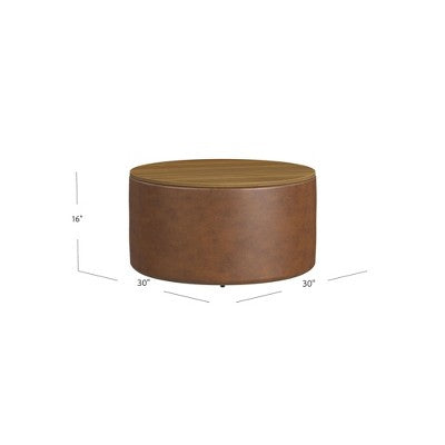 Wood Top Storage Ottoman Brown Faux Leather - HomePop: Modern Round Upholstered Bench, Easy to Assemble (LOCAL PICKUP ONLY)