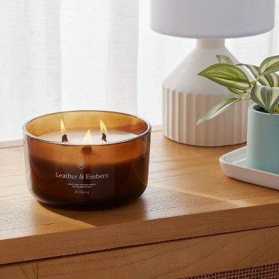 3-Wick Amber Glass Wooden Wick Leather and Embers Jar Candle 20oz - Threshold